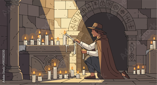 Person in a cloak lighting candles in a stone room with ancient symbols
