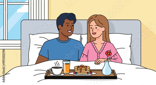 Couple sharing breakfast in bed with pancakes and coffee
