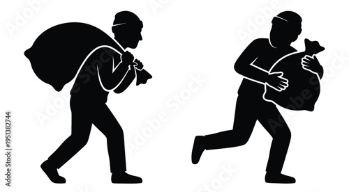 Two figures carrying large bags depicted as a striking black silhouette