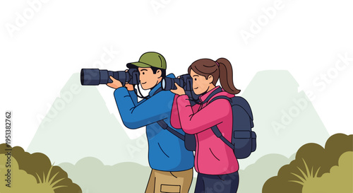 Two people with backpacks and cameras documenting a natural landscape
