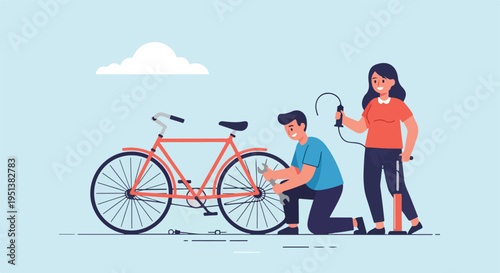 A couple works on fixing and inflating a bicycle together