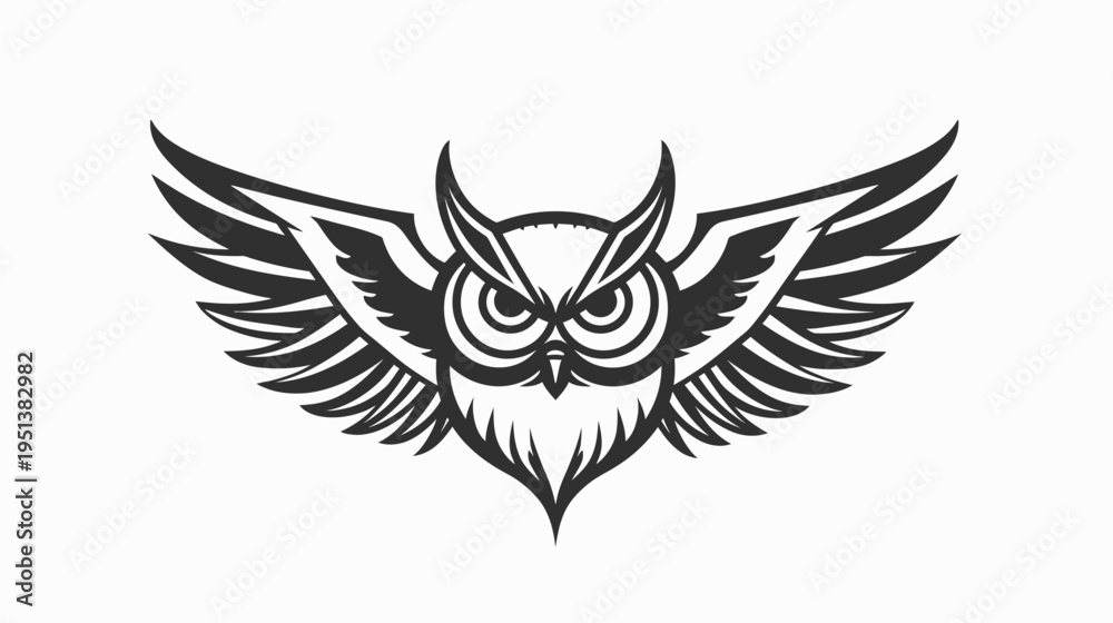 Fototapeta premium Owl illustration with wings spread black and white vector art design