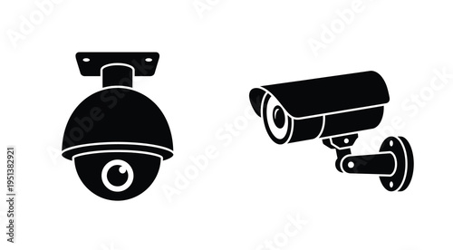 Two security cameras in black a dome and bullet style silhouette