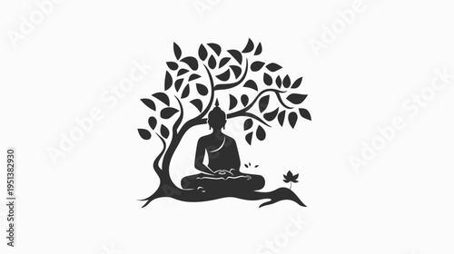 Meditating buddha under tree silhouette symbolizing peace and enlightenment