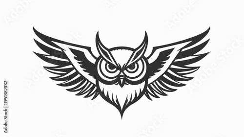 Owl illustration with wings spread black and white vector art design