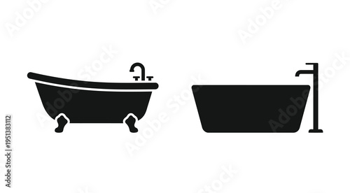 Black bathtub icons with faucet and freestanding tub a simple silhouette