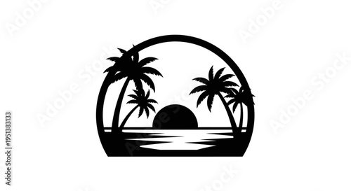 Silhouette of palm trees and sunset over ocean vector illustration