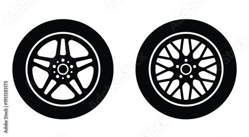 Two black car wheels depicted in a stark graphic silhouette