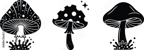 Mushroom silhouette collection of magic fungus with stars and organic forest elements set, cad drawing flat vector illustration, isolated on white.