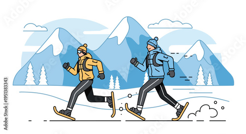 Two people snowshoeing through a winter landscape with mountains