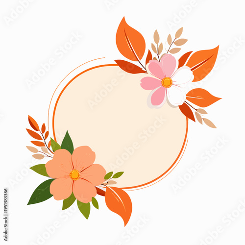 Cute vector circular floral frame with autumn leaves and pastel flowers