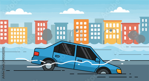 A submerged car in a flooded city with colorful buildings under a cloudy sky