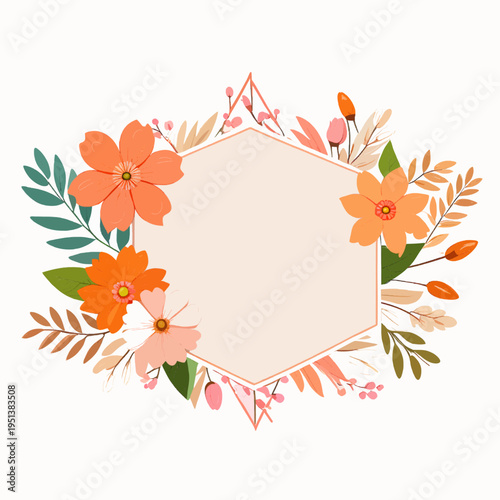 Isolated Floral Hexagon Frame Illustration with Autumn Flowers and Leaves on White Background