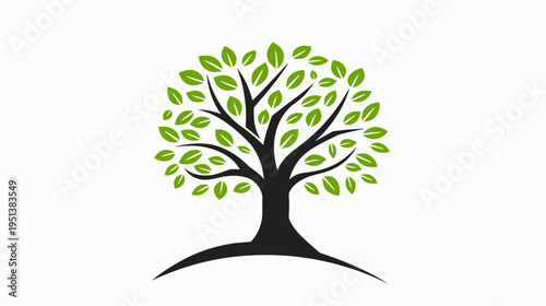 Stylized tree illustration with vibrant green leaves and dark trunk on white
