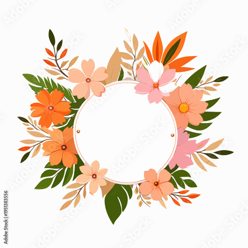 Isolated Modern Floral Frame Illustration with Orange, Peach, Pink Flowers, and Green Leaves