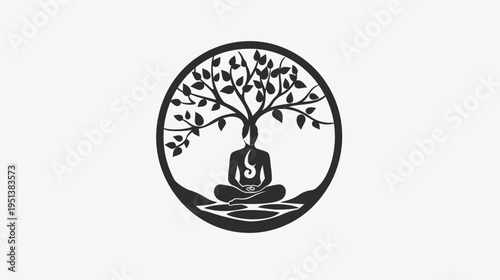 Meditating figure under a tree within a circle symbol of harmony and peace
