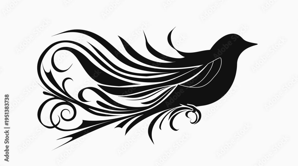 Fototapeta premium Elegant black silhouette of a bird with ornamental floral design