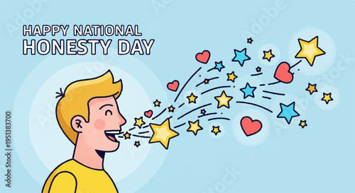 Man blowing stars and hearts on national honesty day symbolizing truth and sincerity with a cheerful expression
