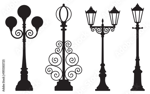 Vintage street lamp silhouette vector, decorative lantern light posts, classic street lighting elements, urban architecture illustration, isolated on white background
