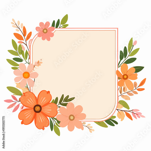Isolated Floral Frame Illustration with Orange and Peach Flowers and Green Leaves