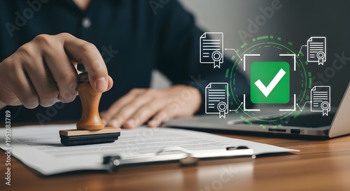 Professional person stamping a legal document with digital verification icons and checkmark for quality assurance and certification