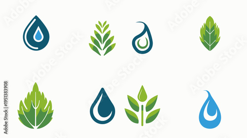 Abstract nature themed vector set with leaves and water drops on white