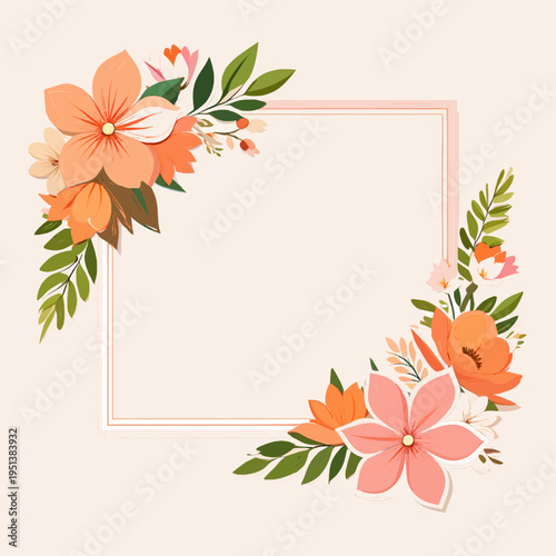 Soft Peach and Orange Floral Corner Frame Illustration with Green Leaves