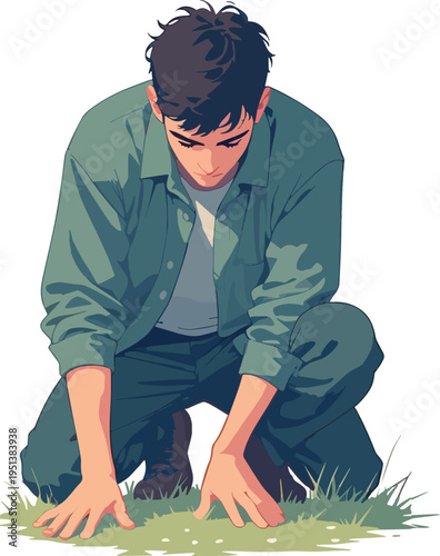 Illustrazione vettoriale di una persona inginocchiata con un ginocchio a terra e sguardo basso. Concetto di riflessione, preghiera, umiltà, rispetto o momento emotivo intenso.