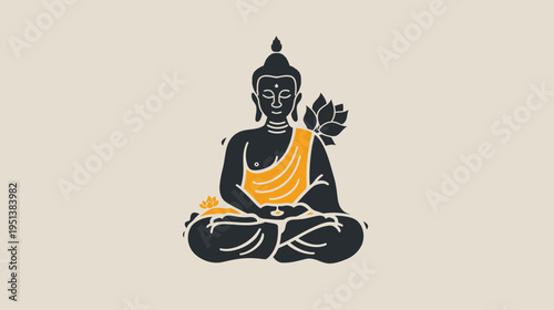 Meditating buddha illustration with lotus flower on beige background