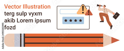 Business, education, security, creativity, alert systems, online login interfaces. A login box with alerts, person running with a briefcase and a giant pencil. Business and education