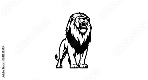 Roaring lion silhouette powerful black and white illustration on white background