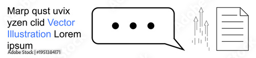Communication, information sharing, content creation, feedback, dialogue, messaging. Speech bubble with three dots, arrows and document icon. Communication and information sharing