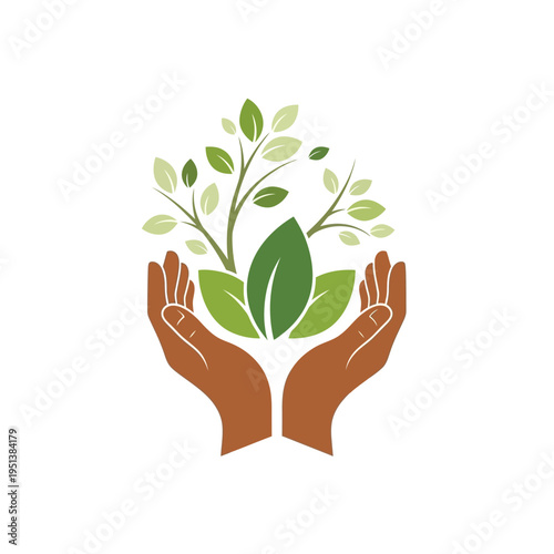 Hands holding sprouting foliage, green leaves, new growth and branches