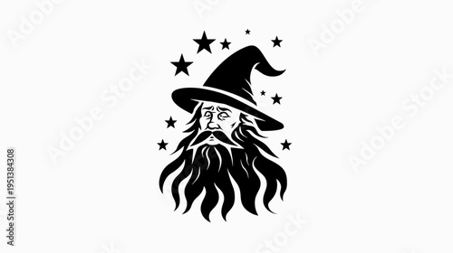 Mystical wizard with star elements in black and white vector illustration
