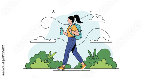 Hiking enthusiast with a full backpack and water bottle enjoys a refreshing walk through a lush green park on a sunny day.