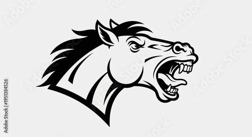 Bold black and white illustration of a horse head with open mouth and teeth