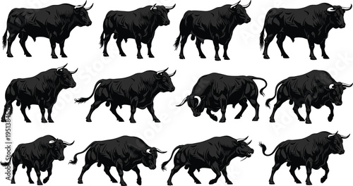 Powerful black bull silhouette set, aggressive male ox walking and standing poses, livestock animal collection, cad drawing flat vector illustration, isolated.