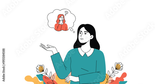 Thoughtful woman looks contemplative with a thought bubble above her head showing her thinking about another person.