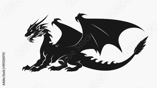 Silhouette of a majestic dragon with spread wings on a white background