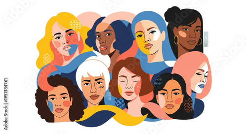 Diverse group of women faces illustration representing unity and diversity.