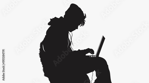 Silhouette of a person working on a laptop computer against white background