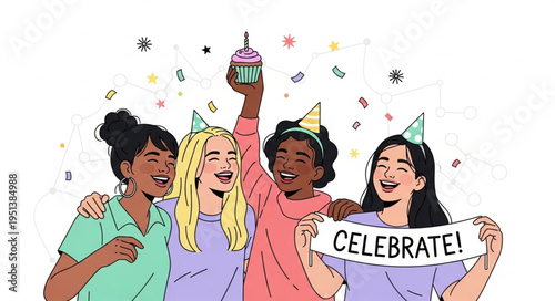 Diverse group of happy young women celebrating together with a cupcake and banner.