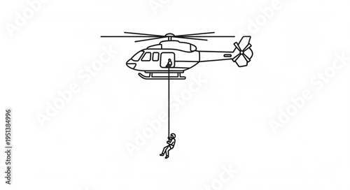 Helicopter rescue operation with person suspended by rope.