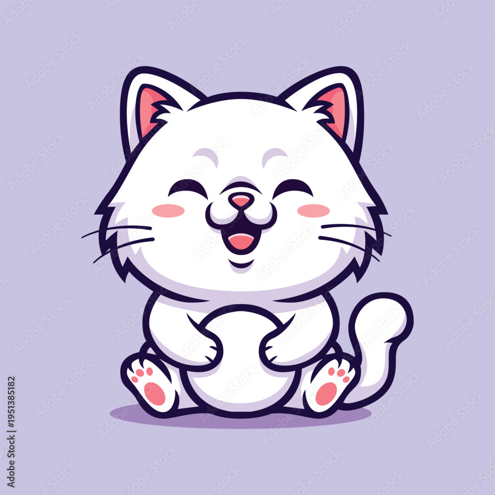 Fototapeta premium Cartoon Playful White Kitten Sitting with Smiling Expression Illustration
