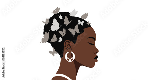 Profile view of a beautiful woman with dark skin and a creative hairstyle adorned with several graceful butterflies.