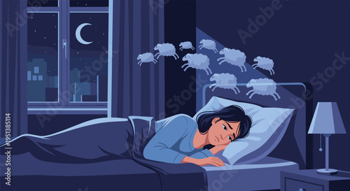 Young woman lies awake in bed at night looking sad and tired while counting sheep jumping over her in a dark bedroom.