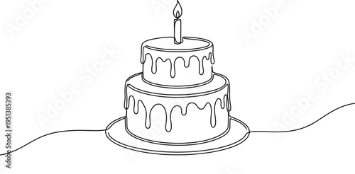 Birthday cake in continuous line art drawing style. Traditional birthday cake with candle on the top minimalist black linear sketch isolated.one line icon with with white background.
