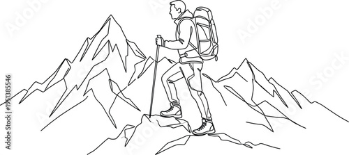 Man climbs the mountains in one continuous line drawing. Traveler with backpack is hiking in simple linear style. Leadership development Editable stroke. Doodle outline vector illustration.