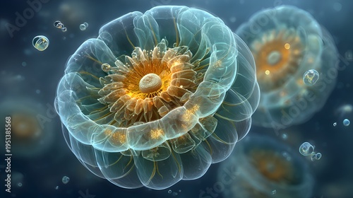 A mesmerizing cluster of translucent spherical organisms floats gracefully in the depths of a vast and mysterious underwater environment.