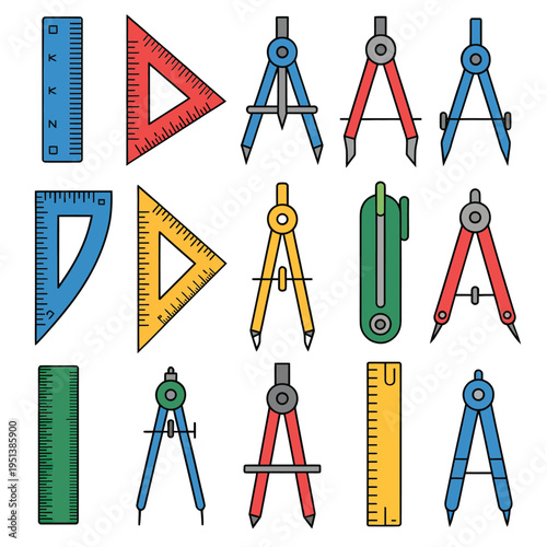 Colorful collection of geometry tools including rulers triangles and compasses